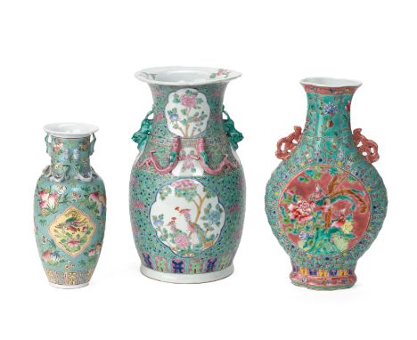 THREE MODERN PERANAKAN STYLE TURQUOISE GROUND VASES
One example with foo dog handles and moulded dragon decoration, the other