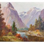 W… Simpson (19th - 20th Century) New Zealand. "Looking down Arthur River, from Milford Sound", Oil