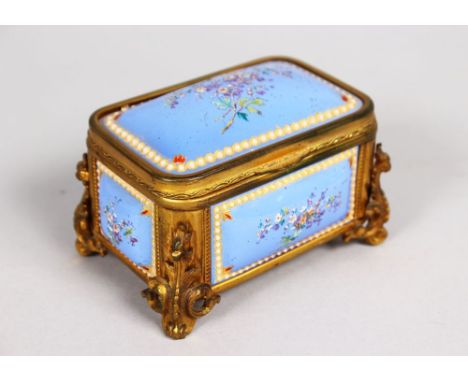 A SMALL FRENCH BLUE ENAMEL JEWEL CASKET with silk interior. 3.5ins.