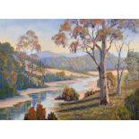 E… J… Gibson (20th Century) British. A River Landscape, Oil on Artists Board, Signed, 12" x 16".