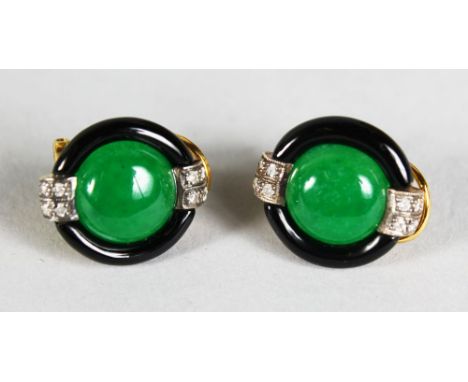 A GOOD PAIR OF JADE, DIAMOND AND ONYX 9CT GOLD EARRINGS.