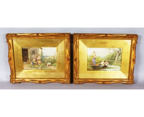 BIRKET FOSTER A GOOD PAIR OF COLOUR PRINTS, children playing with rabbits and picking lilies in the river. Framed and glazed.
