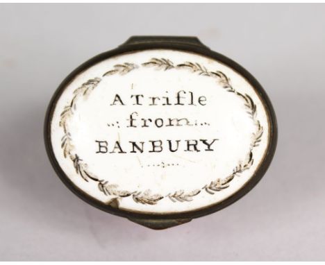 AN 18TH CENTURY BILSTON ENAMEL PINK PATCH BOX, with white lid "A Trifle from BANBURY".