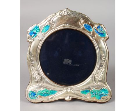 A SILVER ART NOUVEAU DESIGN PHOTOGRAPH FRAME with blue enamel. 6ins high.