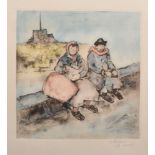 Robert Le Noir (1896-1973) French. Seated Figures on a Wall, Lithograph, Signed in Pencil, 9" x 8.