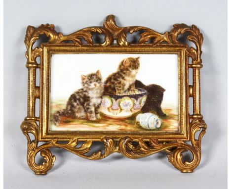 AFTER BESSIE BAMBER A SUPERB SMALL ENAMEL PLAQUE OF THREE PLAYFUL KITTENS, 3ins x 5ins, in gilt easel frame.