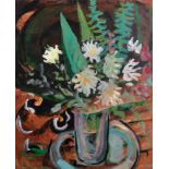 20th Century English School. Still Life of Flowers in a Vase, Oil on Paper, Indistinctly Signed, 25"