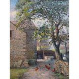 R… Fish (20th Century) British. A Farm Scene, with Chickens in the foreground, Oil on Canvas,