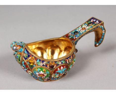 A GOOD RUSSIAN ENAMEL KOVSH, with champleve  enamel and cabochon stones. 5ins long.