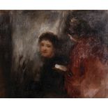 20th Century English School. 'A Letter', with Figures in an Interior, Oil on Canvas, 18" x 22".