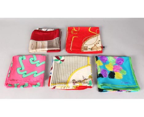 FIVE DESIGNER SILK SCARVES, VINTAGE SCARF AND HAT.