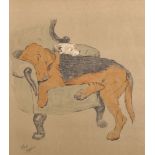 After Cecil Aldin (1870-1935) British. Study of Sleeping Dogs in an Arm Chair, Print, 10.5" x 9.5".