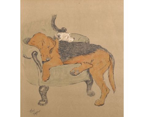 After Cecil Aldin (1870-1935) British. Study of Sleeping Dogs in an Arm Chair, Print, 10.5" x 9.5".