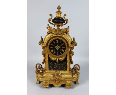 A 19TH CENTURY FRENCH AND PORCELAIN FACED MANTLE CLOCK by E. MARLIN, Rue Amelot 26, striking on a single bell. 17.5ins high.