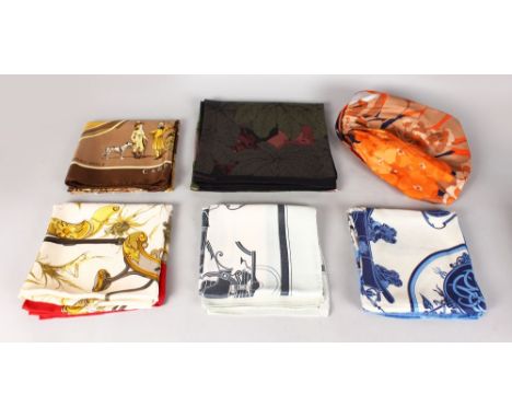 FIVE DESIGNER SILK SCARVES, VINTAGE SCARF AND HAT.