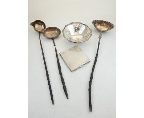 Three 19th century silver and white metal punch ladles with whalebone handles, a later engine turned silver cigarette case an