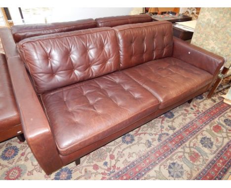 A Contempo Urano Hepburn brown leather two seat sofa, raised on short tapering square legs W. 202cm, together with a rectangu