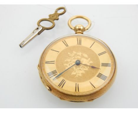 A 20th century 18ct yellow gold open faced manual wind pocket watch,  the gilt dial with Roman numerals, matt centre with fol