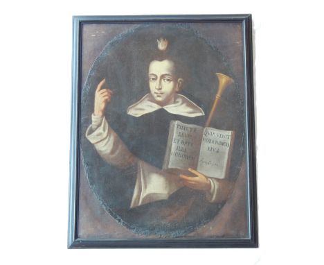 !9th century continental school, half length portrait of Saint Vincent Ferrer with an open book to his side, oil on canvas, 9