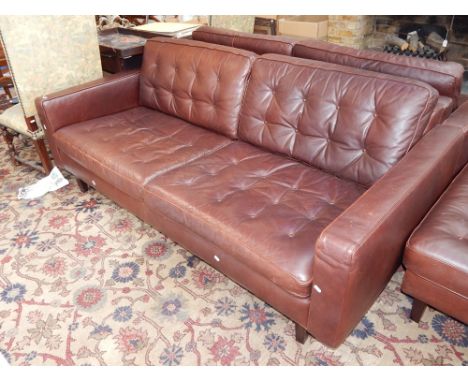 A Contempo Urano Hepburn brown leather two seat sofa, raised on short tapering square legs, W. 202cm, together with a rectang