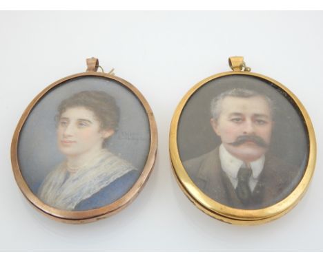 Miss Ethel Webling, a near pair of early 20th century oval portrait miniatures on ivory of a lady and gentleman, yellow metal