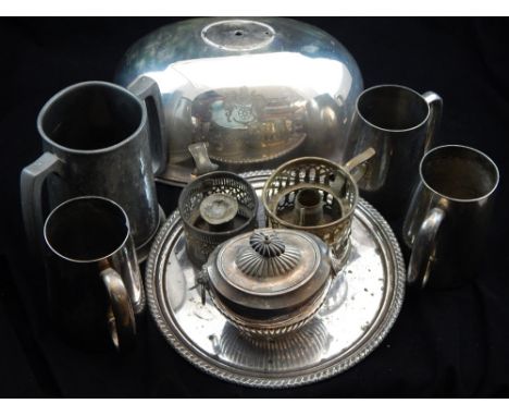 Three Victorian silver plated domed food covers, two plated tankards, a pewter twin handled tankard, demi fluted tea caddy an