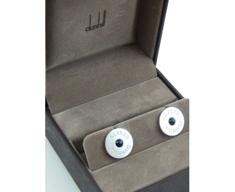 Alfred Dunhill, a pair of circular silver and steel cufflinks, swivel bar design inset central black cabouchon stones, boxed 