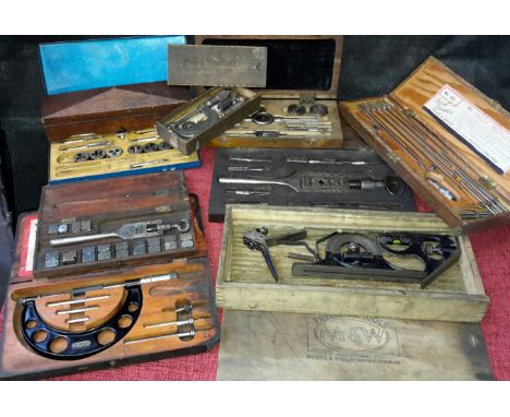 A selection of vintage precision boxed tools to include names such as Starret, Moore & Wright, Brown & Sharpes etc.