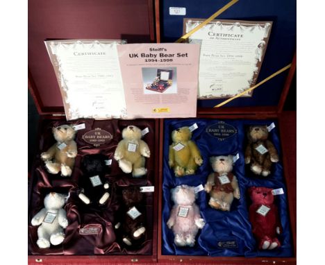 A collection of Steiff UK baby bears 1989-1993 in presentation box with certificates, together with Steiff UK baby bears 1994
