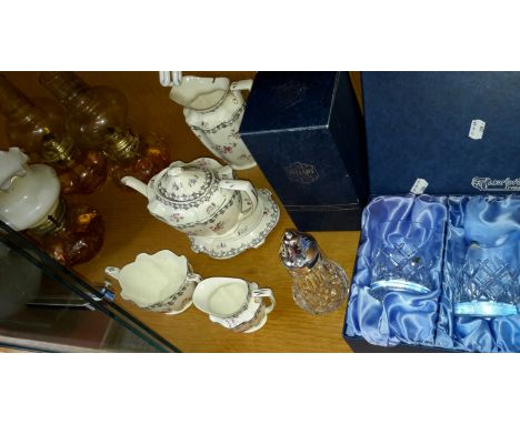 Stuart crystal sugar shaker, Waterford crystal whisky glasses, Crown Ducal teas service & vintage paraffin lamps 