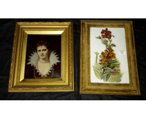 Victorian painting of flowers on milk glass together with lady portrait crystoleum 