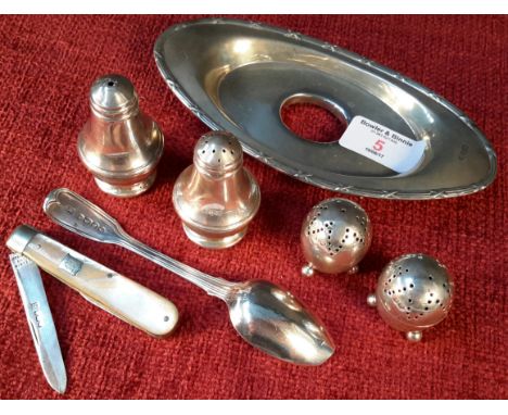 Sheffield silver pepper pots, Sheffield silver & mother of pearl fruit knife, Georgian silver spoon, Birmingham silver cruets