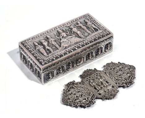 AN ASIAN BOX AND AN ASIAN BUCKLE (2)The rectangular hinge lidded box decorated with Deity figures to the lid and to the sides