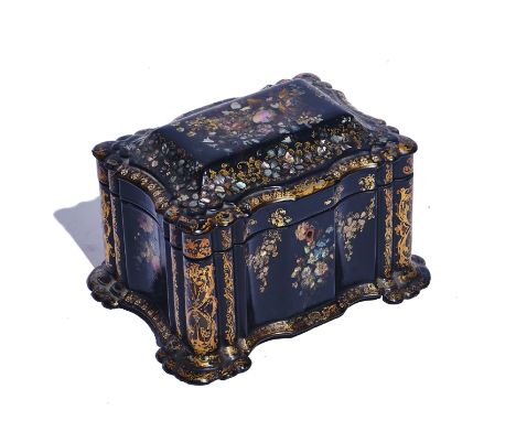 A VICTORIAN MOTHER-OF-PEARL INLAID FLORAL POLYCHROME PAINTED SHAPED RECTANGULAR TEA-CADDYWith twin lidded interior, 24cm wide