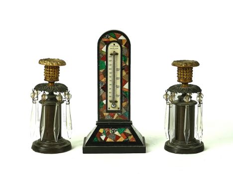 A PAIR OF REGENCY PATINATED AND GILT BRONZE LUSTRE CANDLESTICKS AND A DERBYSHIRE SPECIMEN HARDSTONE THERMOMETER (3)19th Centu