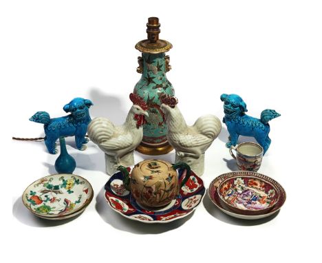 A GROUP OF CHINESE AND JAPANESE CERAMICS18th to 20th centuryComprising; a pair of Chinese figures of cockerels, impressed Chi