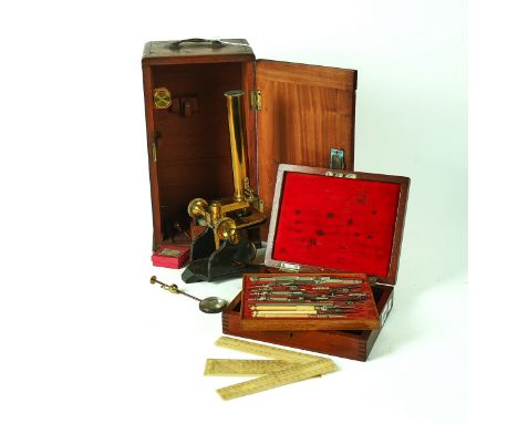 A VICTORIAN MAHOGANY CASED OPTICIAN’S DRAUGHTSMAN SET AND A STUDENTS MICROSCOPE (2)By Watson and Son, circa 1895The drawing s