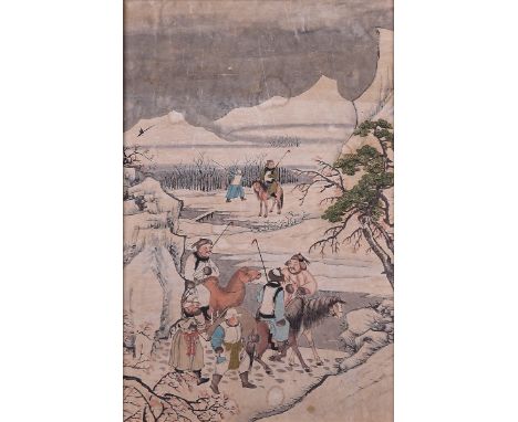 CHINESE SCHOOL, MID 19TH CENTURYManchu hunting scene, ink and pigment on paper, 63.5cm by 40cm, glazed and framedSome stainin