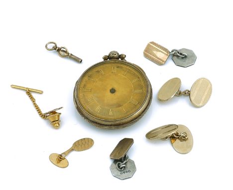A SILVER GILT, KEY WIND, OPENFACED POCKET WATCH AND FIVE FURTHER ITEMS (6)The movement backplate detailed 'Detachd Lever by J