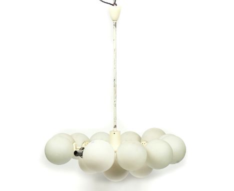 A WHITE ENAMEL PAINTED METAL HANGING LIGHTMid-20th CenturyWith eighteen radiating arms terminating in frosted glass globular 