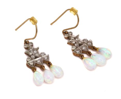 A PAIR OF GOLD, OPAL AND DIAMOND PENDANT EARRINGSEach top in a geometric form design, mounted with circular cut diamonds, the