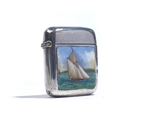 A VICTORIAN SILVER AND ENAMELLED VESTA CASEThe enamelled view depicting a yacht in sail on the water, with a distant landscap
