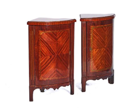 A PAIR OF FRENCH LATE 19TH / EARLY 20TH CENTURY DIRECTOIRE STYLE KINGWOOD AND TULIPWOOD CORNER CABINETS OR ENCOIGNURES  (2)Ea