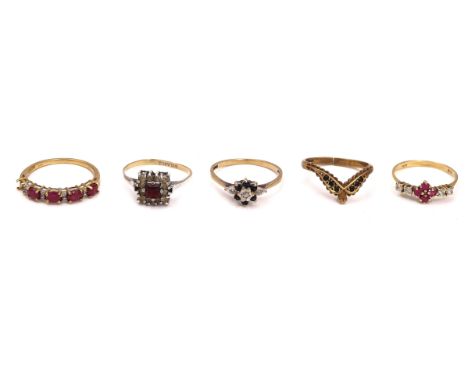 FIVE GEM SET RINGS (5)Comprising; a 9ct gold, ruby and diamond half hoop ring (one ruby lacking), a 9ct gold, sapphire and di