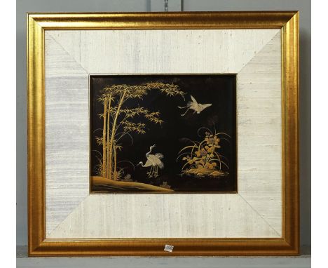 A JAPANESE RECTANGULAR LACQUER AND INLAID PANELMeiji / Taisho periodDecorated with three bone inlaid cranes amongst bamboo an