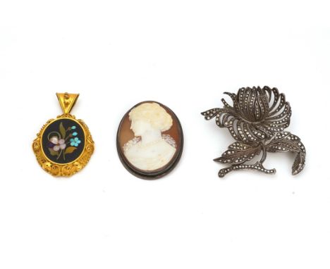 A GOLD AND PIETRA DURA OVAL PENDANT LOCKET AND TWO BROOCHES (3)The pietra dura designed as a floral spray within a foliate an