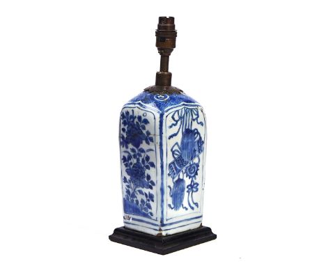 A CHINESE BLUE AND WHITE RECTANGULAR PORCELAIN CANISTERWanliOf square section, painted with flowers and Precious Objects, the