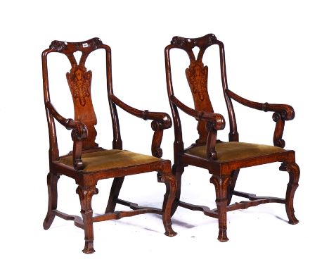 A PAIR OF QUEEN ANNE STYLE INLAID WALNUT VASE BACK OPEN ARMCHAIRS (2)On square cabriole supports 60cm wide; 112cm highNOTE; T