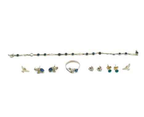 SIX ITEMS OF JEWELLERY (6)Comprising; a sapphire and diamond ring, designed as an elephant, detailed 333, ring size Q, a matc