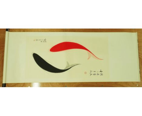 A PAIR OF CHINESE SCROLL PAINTINGSLate 20th century, watercolour on paperEach painted with red and black carp, each with blac